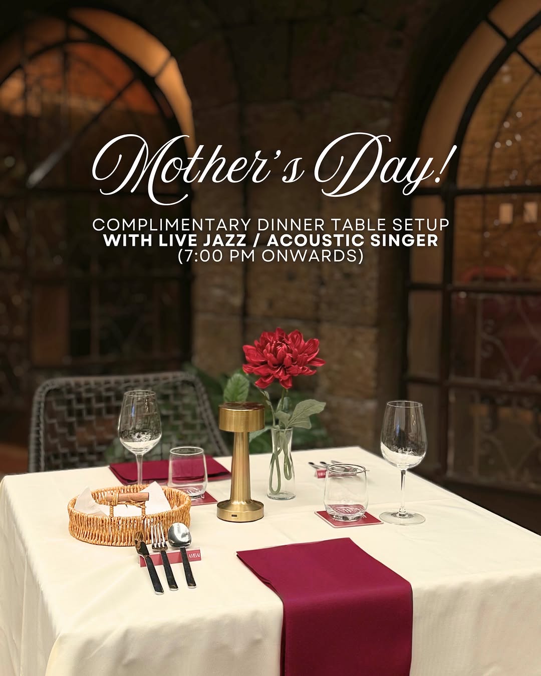 Mother's Day dinner table setup at AMBAI with live jazz